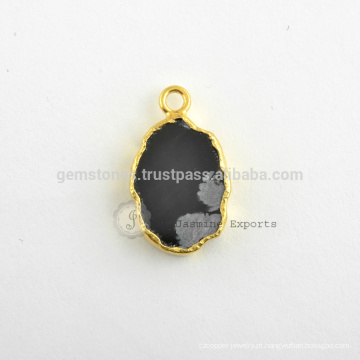 925 Sterling Silver Micron Gold Plated Natural Snowflake Obsidian Gemstone Bezel Connector And Charm Fabricante